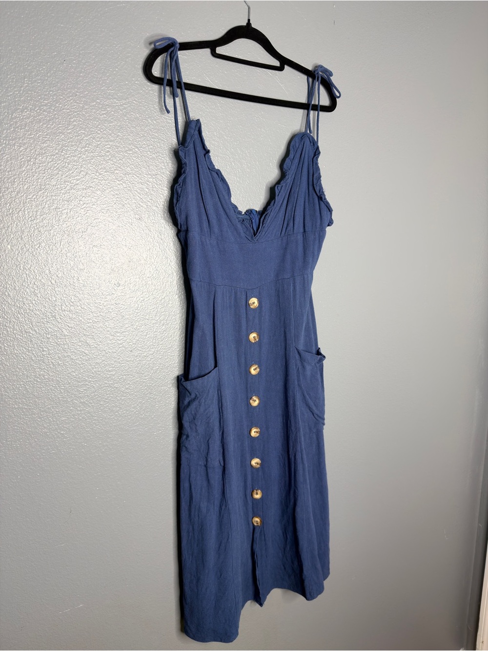 Lulus Lisbeth Dark Denim Blue Button Front Midi Dress Medium